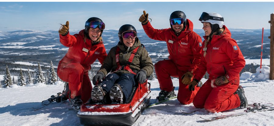Glad grupp på skidresa i fjällen